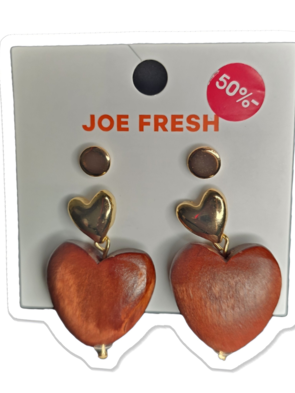 Joe Fresh Gold & Brown Heart Drop Earrings with Wooden Hearts